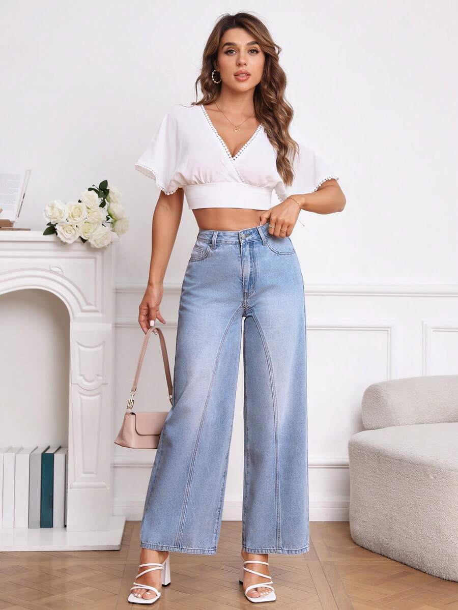 SHEIN Privé 高腰闊腿牛仔褲 - 淺色水洗藍 - 查看 1