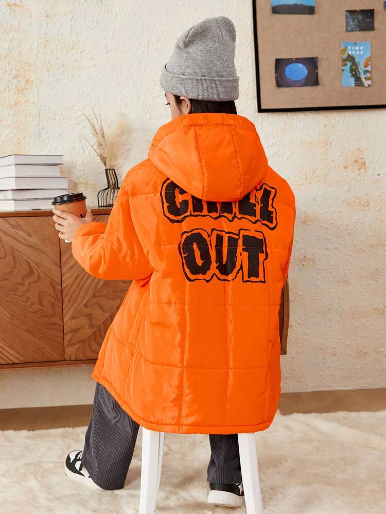 Boys' Letter Graphic Print Hooded Mid-Length Parka Coat, Thick Warm Winter Jacket