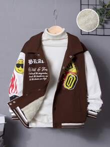 SHEIN Cậu bé Tween Đồ họa Khẩu hiệu Lót nhiệt Áo khoác Không có áo len - Lạc đà - Xem 1