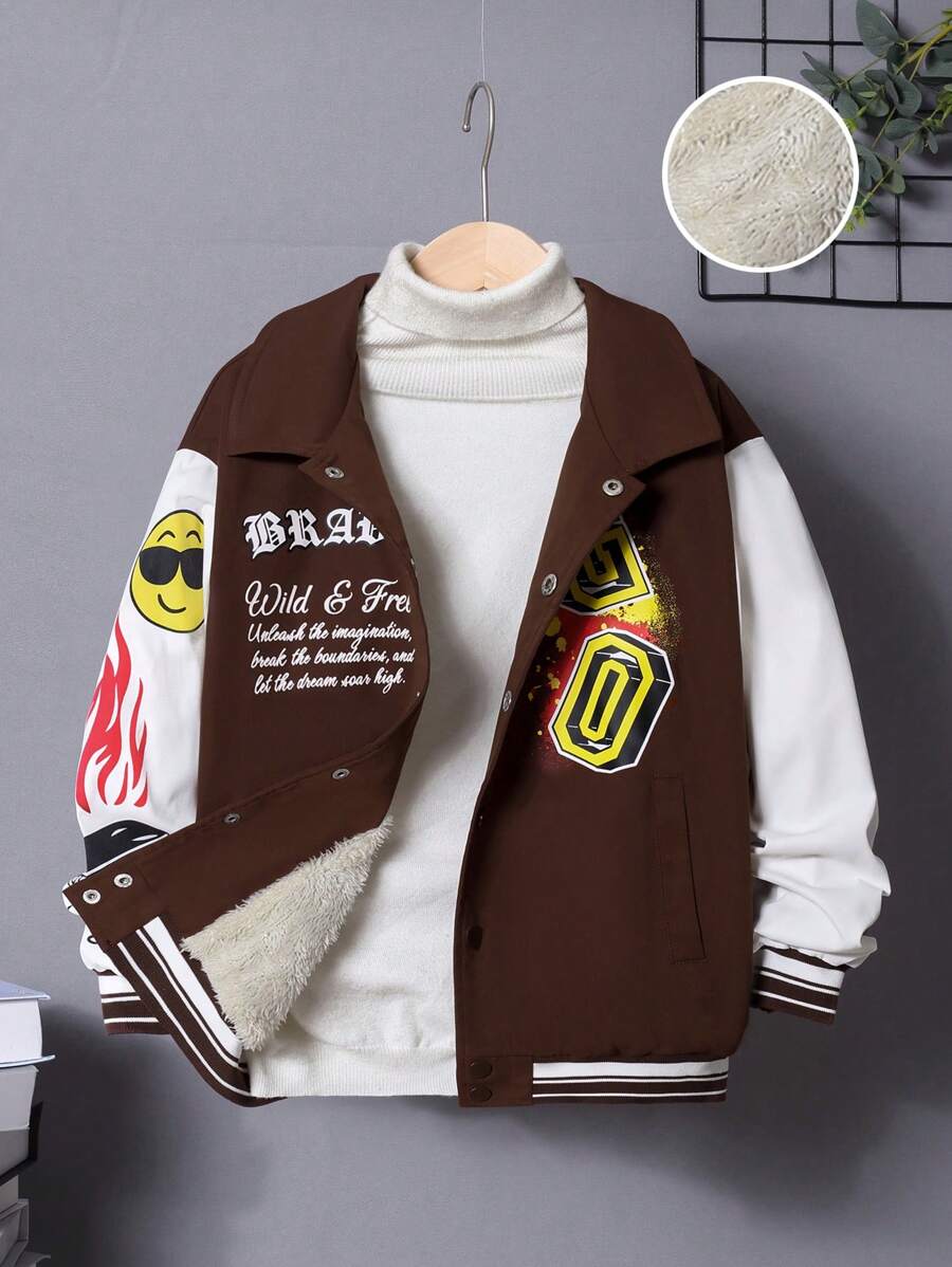 SHEIN Cậu bé Tween Đồ họa Khẩu hiệu Lót nhiệt Áo khoác Không có áo len - Lạc đà - Xem 1