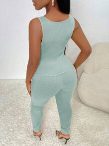 Slaydiva 素色背心上衣&腰部抽繩緊身褲 - 綠色 - 查看 2