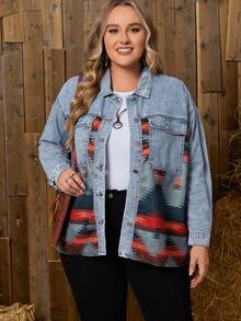 EMERY ROSE 大碼幾何印花落肩翻蓋口袋牛仔夾克 - 淺色水洗藍 - 查看 4