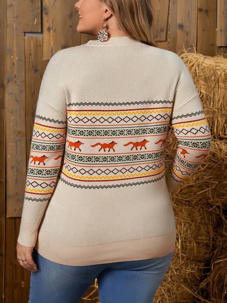Plus Geo & Animal Pattern Drop Shoulder Sweater