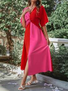 Chiquease Two Tone Twist Front Split Hem Dress - Hot Pink - View 5