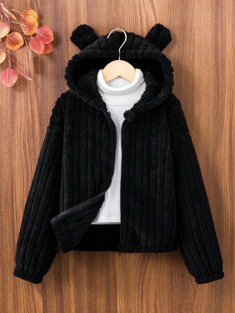 Sparklyn Tween Girl 1pc 3D Ear Design Hooded Coral Fleece Jacket