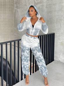 SHEIN X GiudiceGirls Tie Dye Zip Up Hooded Sweatpants - Dusty Blue - View 4