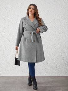 SHEIN Clasi 大碼戧駁領腰帶雙排釦花呢外套 - 灰色 - 查看 1