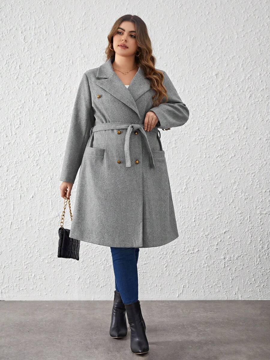 SHEIN Clasi 大碼戧駁領腰帶雙排釦花呢外套 - 灰色 - 查看 1