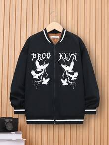 SHEIN 男大童字母&鴿子印花拼接邊加絨內裏拉鍊飛行員夾克 - 黑色 - 查看 3