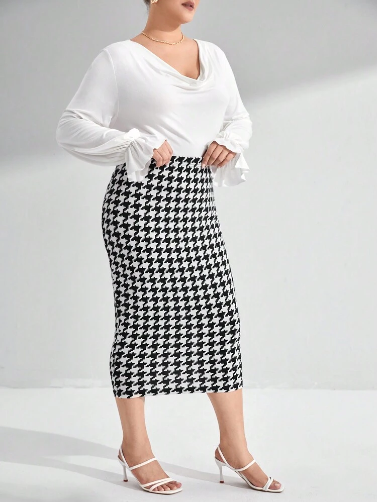 Plus Draped Collar Flare Sleeve Top & Houndstooth Print Skirt