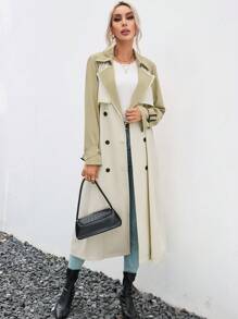 SHEIN Essnce 雙色雙排釦腰帶風衣外套 - 卡其色 - 查看 4