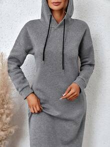 Drop Shoulder Drawstring Hoodie Dress - Grey - View 5