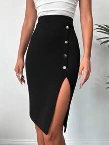EURMUSE 高衩紐扣細節鉛筆裙