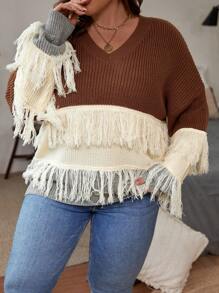 SHEIN LUNE 大碼撞色流蘇邊落肩袖套頭毛衣 - 彩色 - 查看 6