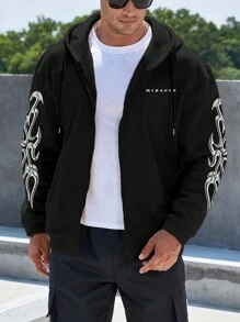 Manfinity Homme 男士大码字母圖案拉鏈開襟抽繩連帽衫 - 黑色 - 查看 1