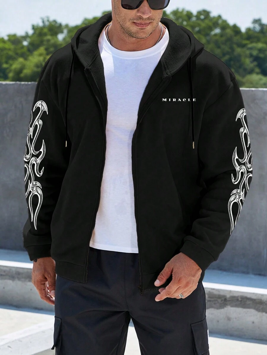 Manfinity Homme 男士大码字母圖案拉鏈開襟抽繩連帽衫 - 黑色 - 查看 1