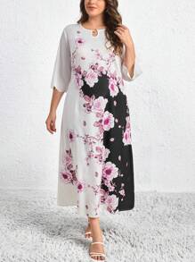 SHEIN Clasi 大码花卉印花锁孔领口连衣裙