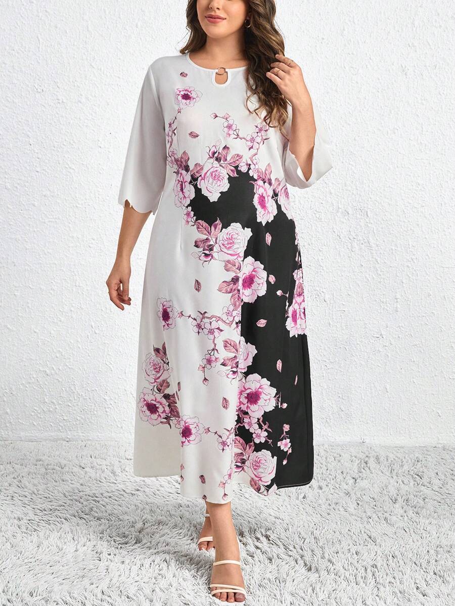 SHEIN Clasi 大码花卉印花锁孔领口连衣裙