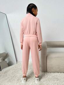 SHEIN 女大童字母圖案半拉鏈活躍連帽衫和運動褲 - 粉色 - 查看 2