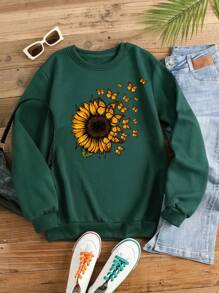 INAWLY 向日葵與蝴蝶印花保暖襯裡運動衫 - 墨綠色 - 查看 1