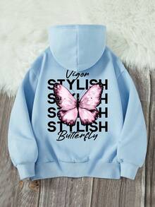 Tween Girl Butterfly & Letter Graphic Sweatshirt - Baby Blue - View 1