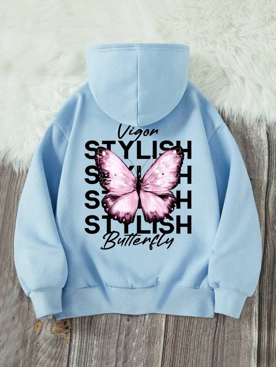 Tween Girl Butterfly & Letter Graphic Sweatshirt - Baby Blue - View 1