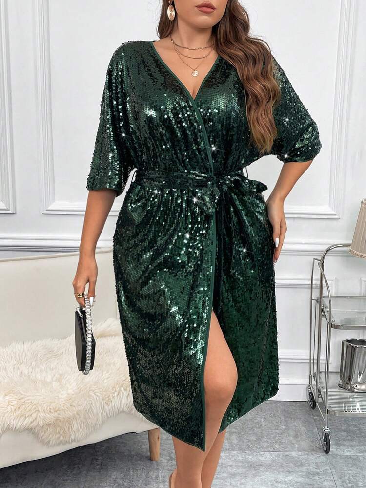 Plus Surplice Neck Belted Sequin Wrap Hem Dress