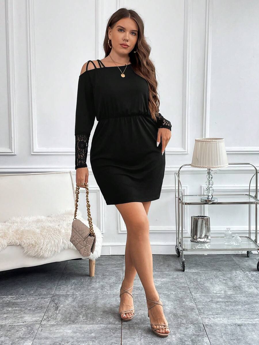 SHEIN Clasi Talla grande Vestido ajustado de cuello asimétrico con encaje - Negro - Ver 1