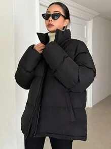 DAZY 拉链斜口袋加厚口袋大衣，冬季女式加厚大衣夹克 - 黑色 - 查看 4