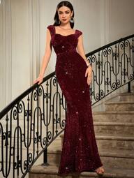 SHEIN Belle Herzausschnitt Paillettenkleid für Silvester Feier Kleidung, burgunderrotes Maxikleid für Damen, Cocktailkleid kurz für Silvester Feier Kleidung, sexy Flapper Kleider, Clubkleid, Feiertagskleid, Wickelkleid, sexy Flapper Kleider