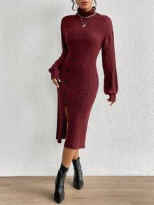 SHEIN Privé Áo cao cổ Chi tiết Nút Tách đùi Tay áo lồng đèn Đầm Áo len - Màu Đỏ Sâu - Xem 5