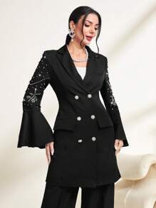 Modelyn Rhinestone Detail Flounce Sleeve Double Breasted Blazer Fall Cloth For Women - Black - View 4