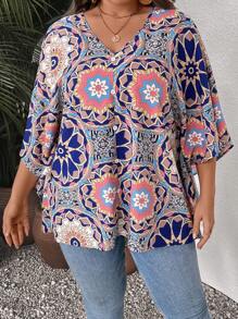 SHEIN VCAY 大花印花蝙蝠袖夏季上衣 - 彩色 - 查看 5