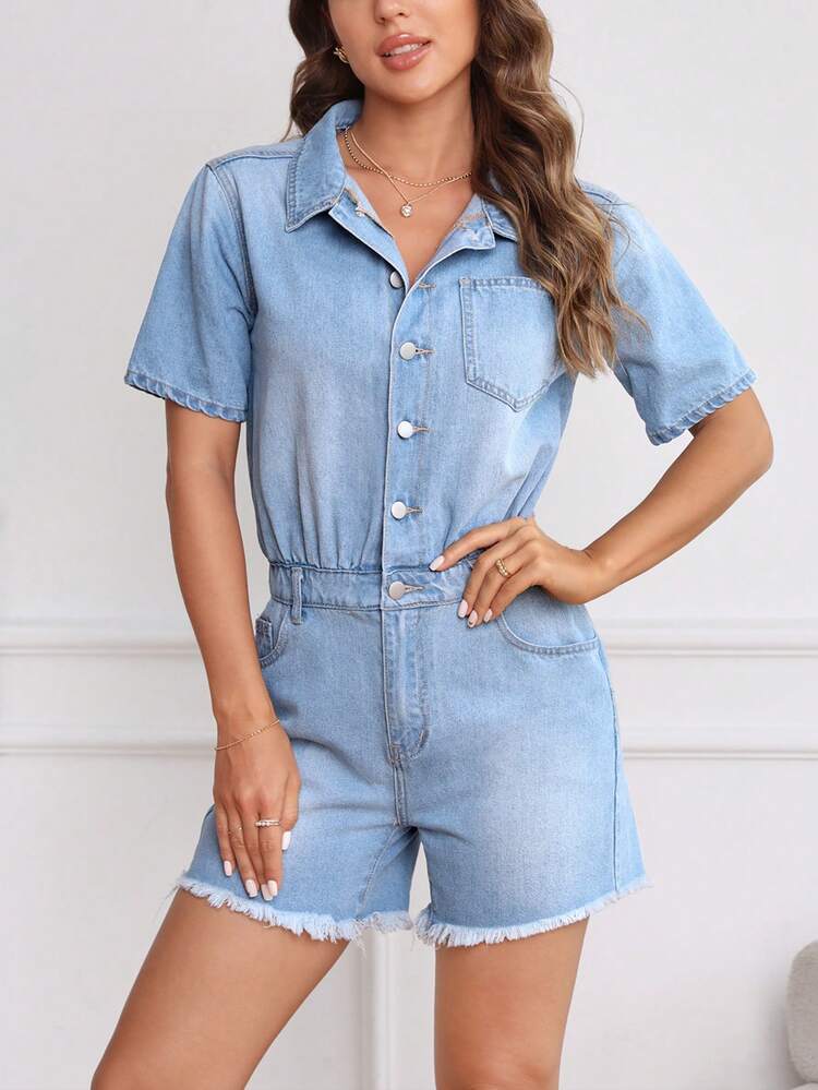 Button Front Raw Hem Denim Romper