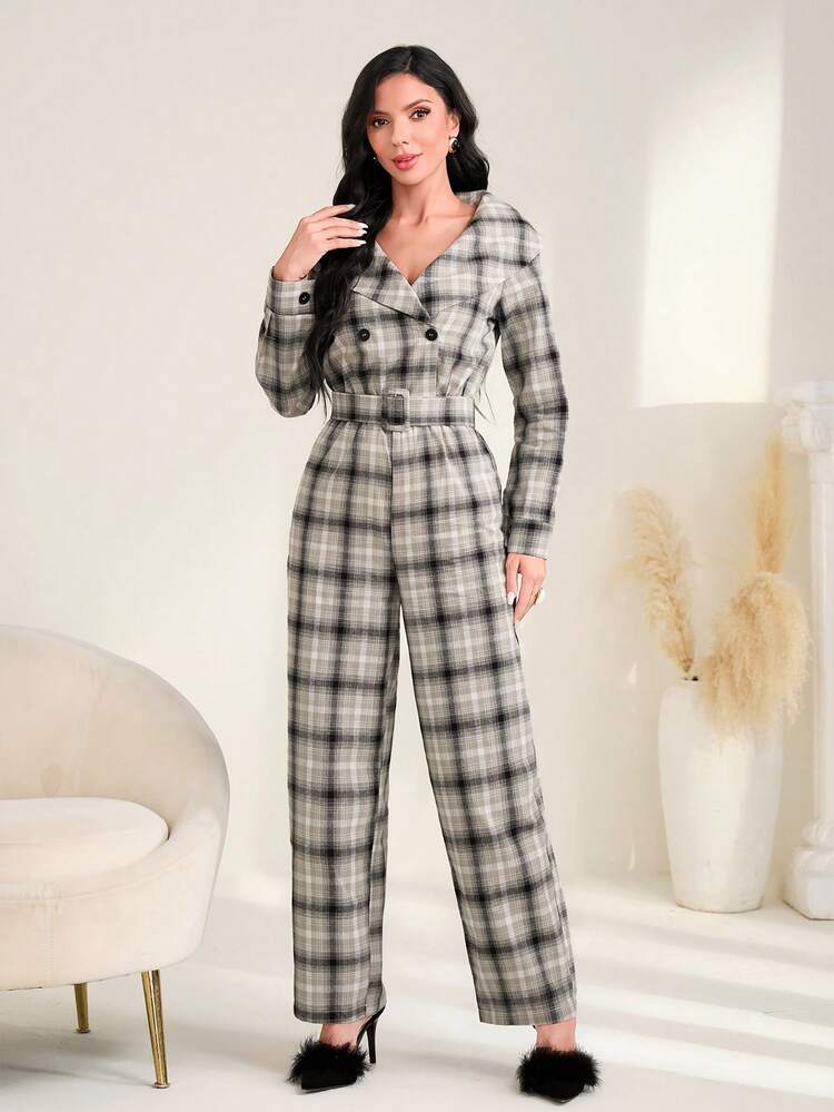 Plaid Print Button Front Belted Jumpsuit Fall Cloth For Women