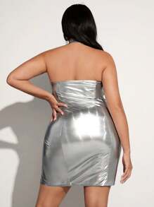 SHEIN SXY Plus Split Hem Metallic Halter Dress - Silver - View 2