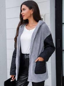 SHEIN LUNE 拼色落肩連帽泰迪大衣 - 彩色 - 查看 4