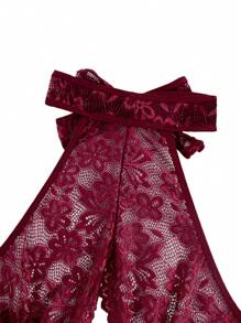Floral Lace Scallop Trim Crotchless Teddy Bodysuit Lingerie - Burgundy - View 5