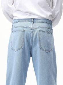 Chillumni Loose Fit Nam Túi Nghiêng Chân Thẳng Quần Jean Baggy Dài Giặt Nhẹ Jean Hàng Hóa Trơn Xanh Dự Tiệc Thông Thường Áo Sơ Mi bố Và Tôi - Rửa nhẹ - Xem 4