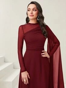 Modelyn 勃艮第红色撞色网眼褶皱连衣裙，带袖连衣裙，长款晚礼服 - 酒紅色 - 查看 3