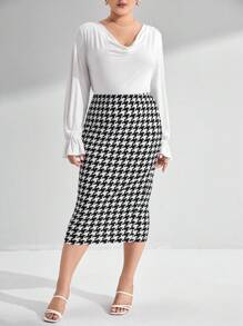 SHEIN Privé 大碼垂領喇叭袖上衣&千鳥格印花半身裙 - 白色 - 查看 4