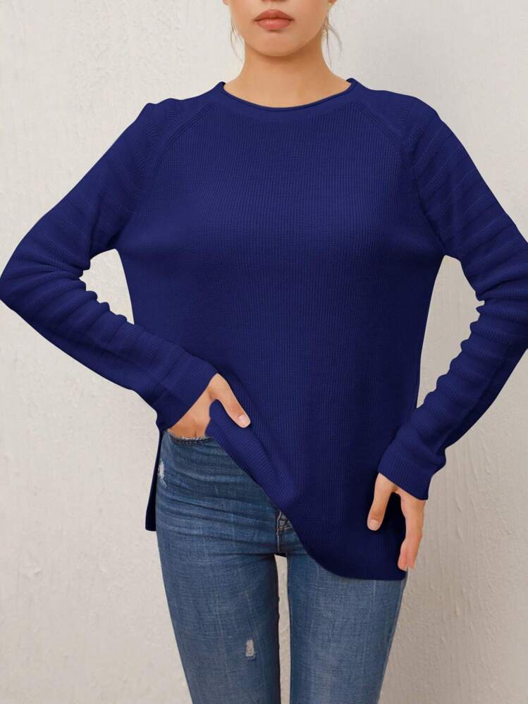 EURMUSE Jersey unicolor de manga raglán bajo irregular - Azul - Ver 2