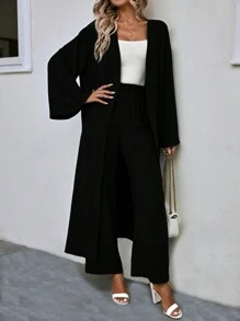 SHEIN LUNE Solid Open Front Coat & Wide Leg Pants - Black - View 4