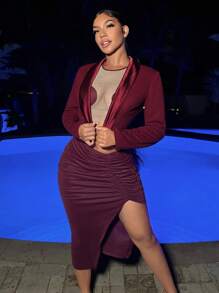 SHEIN SXY Solid Shawl Collar Crop Jacket - Burgundy - View 3