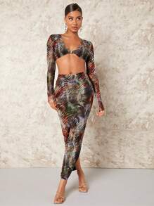 SHEIN BAE In Toàn bộ Top Cây trồng & Tách đùi Váy - Nhiều màu - Xem 3