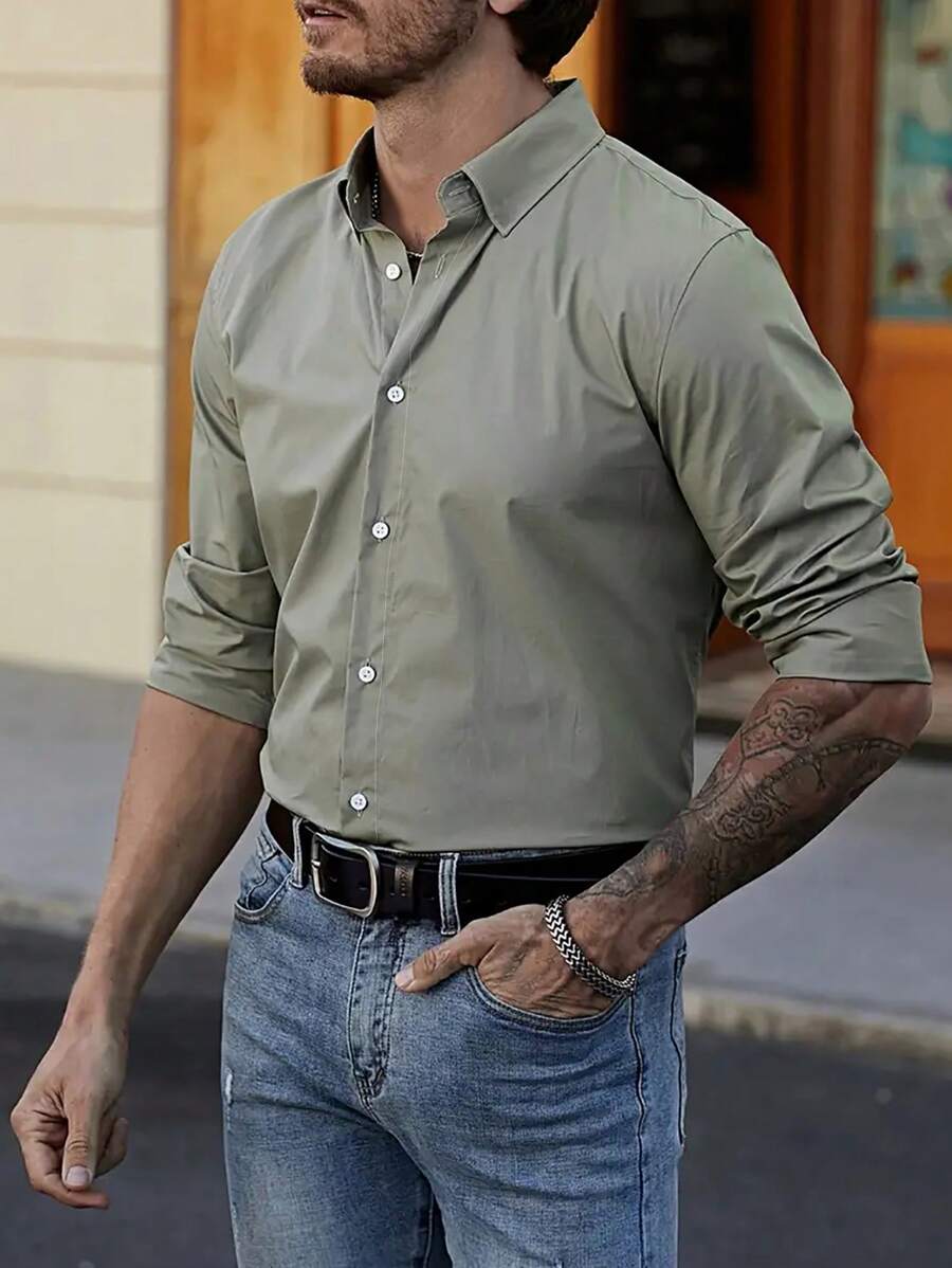 Men's Solid Color Long Sleeve Casual Shirt, Autumn - Mint Green - View 1