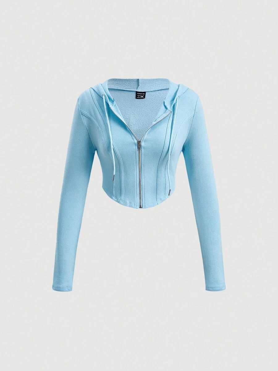 SHEIN MOD Dây kéo Dây rút áo có mũ Áo len crop - Màu xanh nhạt - Xem 1