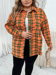 SHEIN CURVE+ 大碼格紋印花落肩袖襯衫 - 橘色 - 查看 6