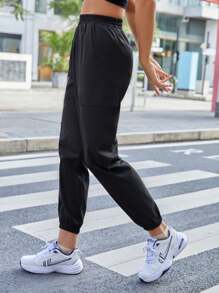 SHEIN Unity Elastic Waist Slant Pocket Cargo Pants - Black - View 5