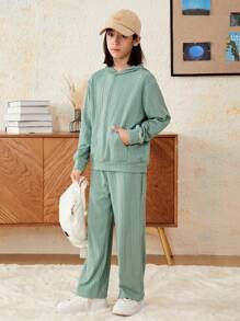 SHEIN Chico preadolescente Pantalones con capucha unicolor de hombros caídos - Verde - Ver 6